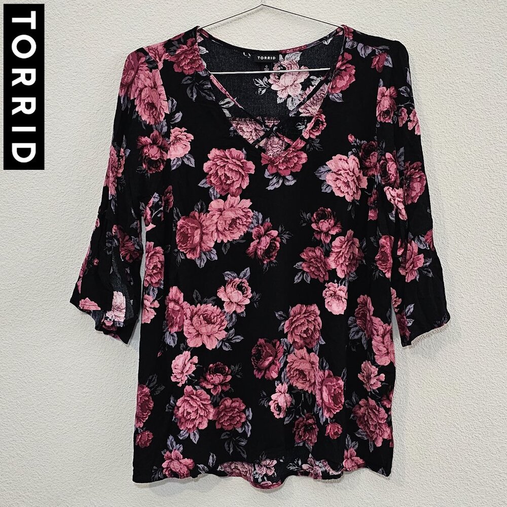 TORRID 0 Black Pink Floral Bell Sleeves Top Blouse Plus Size 12 L